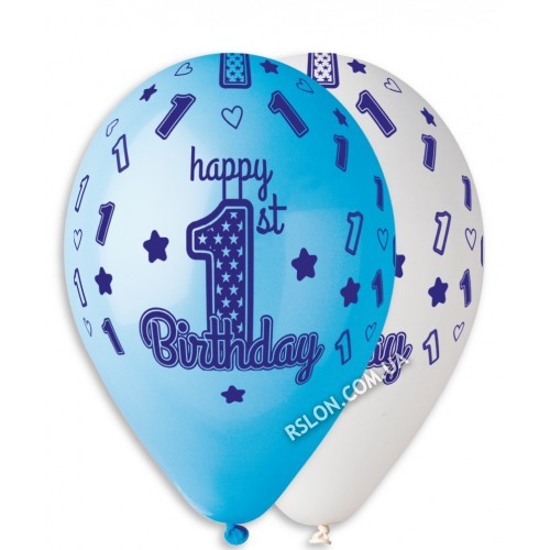 Воздушные шары "Первый День Рождения Мальчик" 12"(30см) Пастель Ассорти  В упак:100 шт. Пр-во "Gemar" Италия