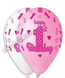 Воздушные шары "Первый День Рождения Девочка" 12"(30см) Пастель Ассорти  В упак:100 шт. Пр-во "Gemar" Италия