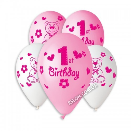 Воздушные шары " 1 Birthday Девочка (Мишка) " 12"(30см) Пастель Ассорти  В упак:100 шт. Пр-во "Gemar" Италия