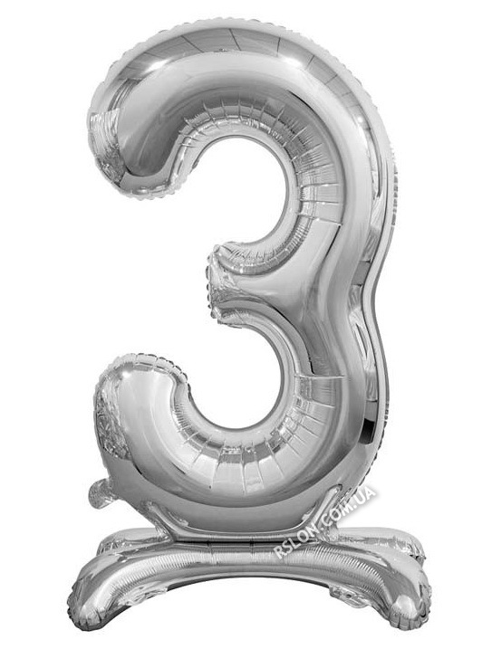 Фольгована куля цифра "3" на підставці в упаковці. Колір:Срібло . Розмір: 80см.