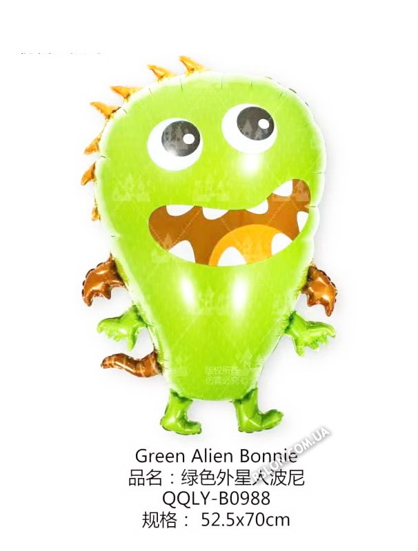 Фольгированный фигурный шар "Инопланетянин Зелёный".  Размер: 70см*52см.