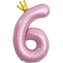 Фольгированная цифра с Короной "6". Цвет: Розовый. Размер: 42"(105см.)
