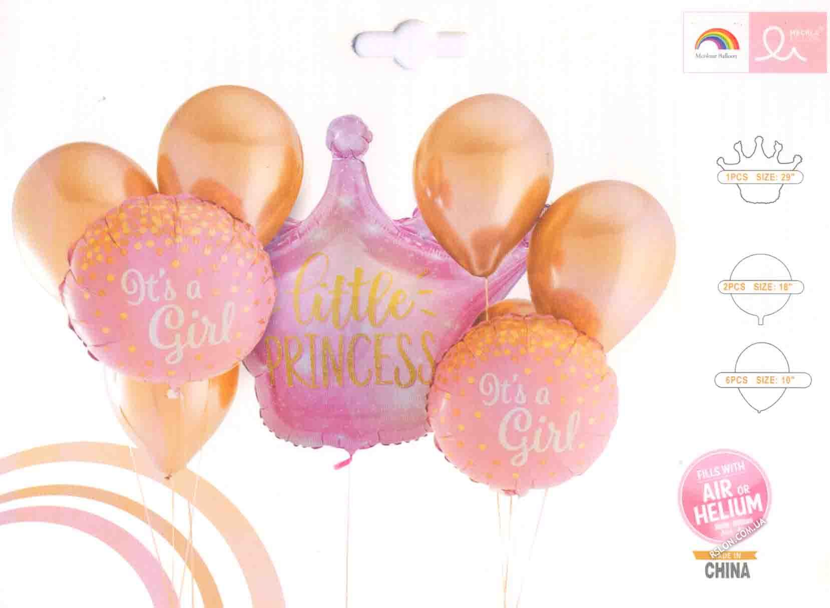 Набір тематичних куль "Корона Little Princess". У наборі: 1шт. 29"(72см.) + 2шт. 18"(45см) + 6шт 10"(25см)