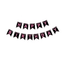 Баннер гирлянда "Happy Birthday" Розовый на чёрном. Длина: 5м.