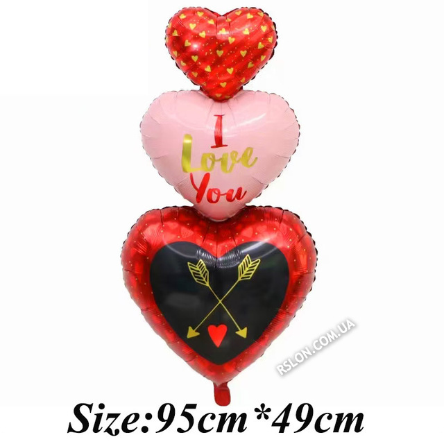 Фольгированный фигурный шар "Три Сердца I Love You". Размер: 95см * 49см. Пр-во Китай.