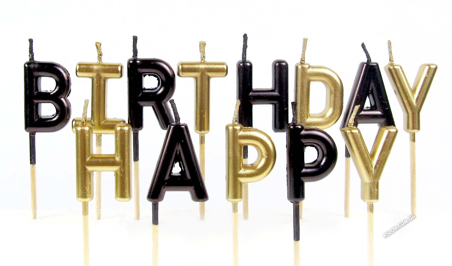 Свічки літери для торта "Happy Birthday" Колір: Чорні/Золото Хром.