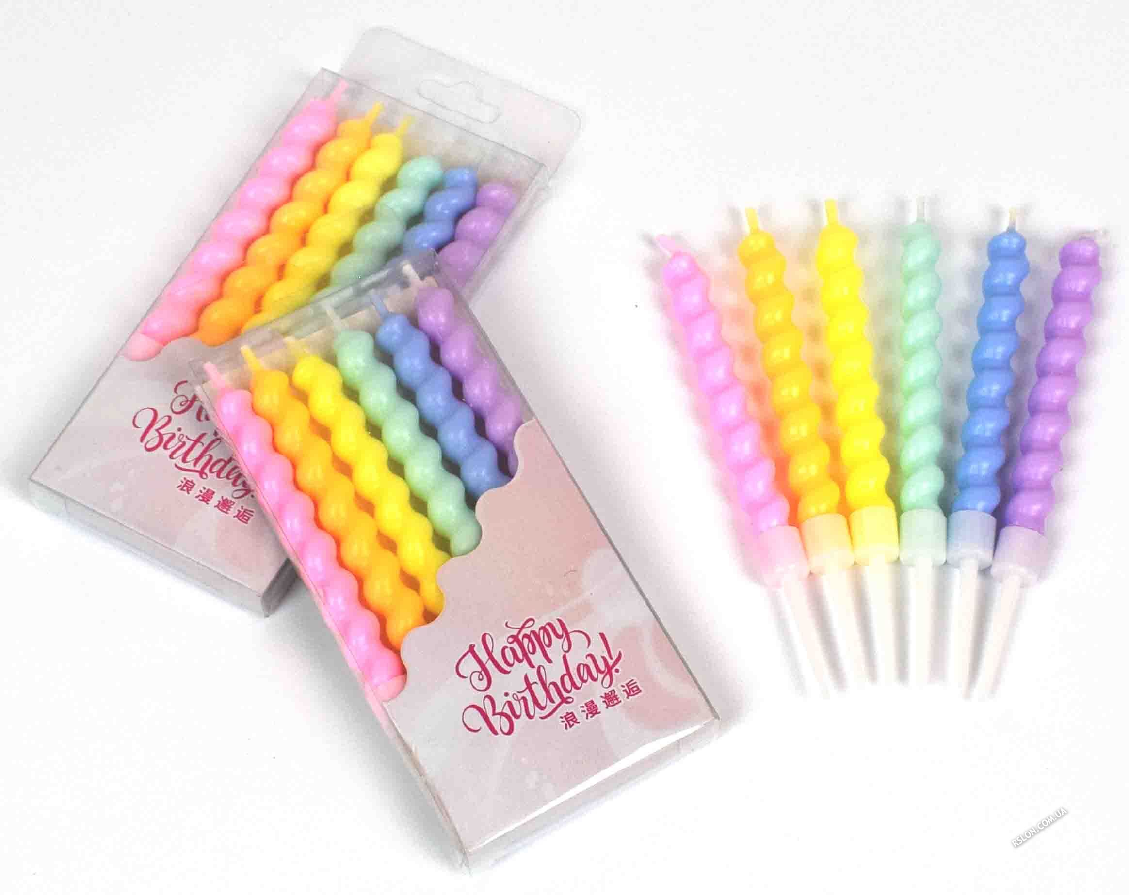 Свечи для торта "Спіральки Макарун Цветные". Размер: 8см. В упак: 6шт.