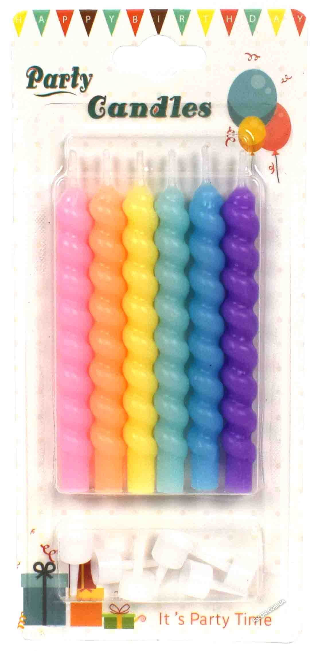 Свічки для торта "Спіральки Макарун Кольорові. Розмір: 9см. упак: 6шт.